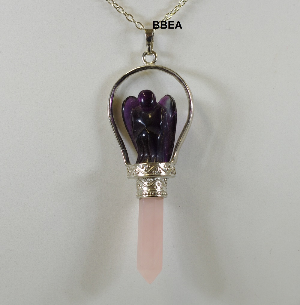 Pendentif amethyste ange et quartz rose 1 1